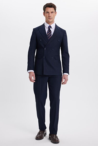 Tudors Men's Slim Fit Pointed Collar Striped Flap Pocket Navy Blue Suit