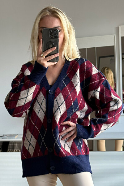 CİDDE Women's Diamond Patterned Fleece-Lined Oversize Knitwear Cardigan Length 72 cm