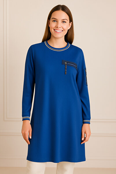 TUSSE Women's Classic Accessory Detailed Corded Fabric Ribbed Knit Plus Size Tunic