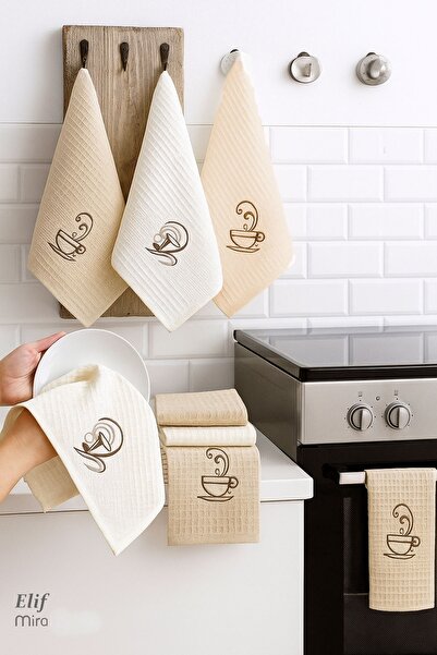 Elif Mira 6'lı Desenli Mutfak Kurulama Seti Emici Waffle Dokuma 30x50 Cm Cuisine