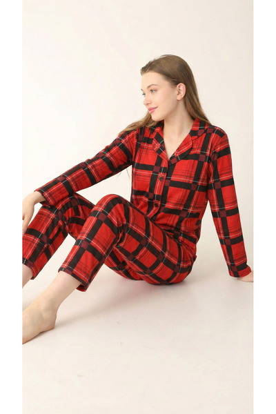 Arvin Pijama Cotton Buttoned Shirt Collar Pajama Set Red Black Plaid