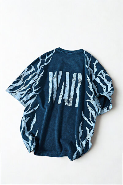 A&O Style Men's Navy Blue Oversized War Printed Washed Crew Neck T-Shirt