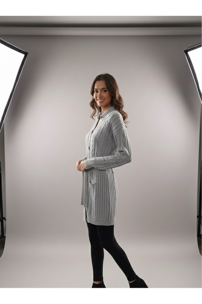 rushana Women's Shirt Collar Wide Fit Pocket Belt Knitwear Cardigan