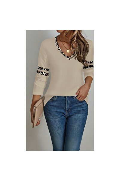 Kokosh moda Kadın V Yaka Şık Leopar Dokunuşlu Bluz ~ Yeni sezon özel~