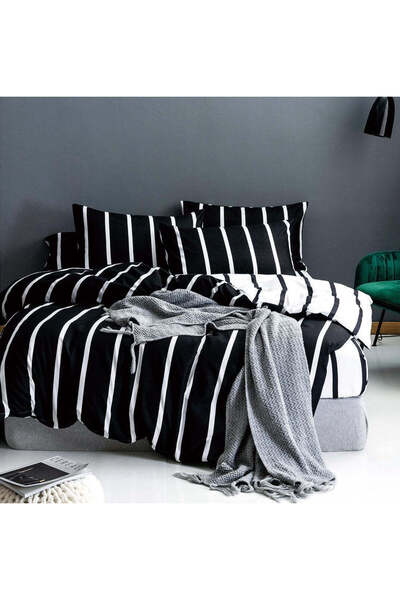 trendyhome Double Bed Bedding Set, Satin Cotton 4 Pieces – Stripes, Black/White