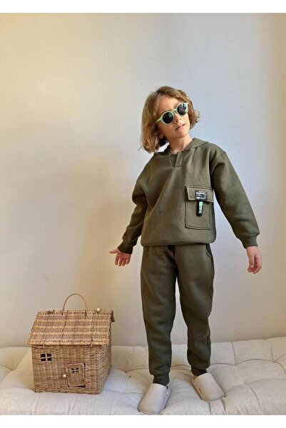 RAPAPA Boy's 3 Thread Fleece-Lined Hooded Cargo Pocket Piece Tracksuit Set Green