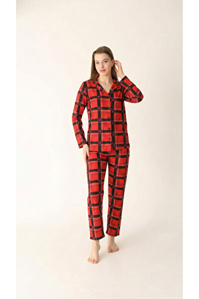 Arvin Pijama Cotton Buttoned Shirt Collar Pajama Set Red Black Plaid
