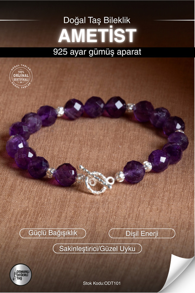 OSMANLI DEĞERLİ TAŞ Sertifikalı Ametist Doğal Taş 925 Ayar Gümüş Aparatlı Bil...