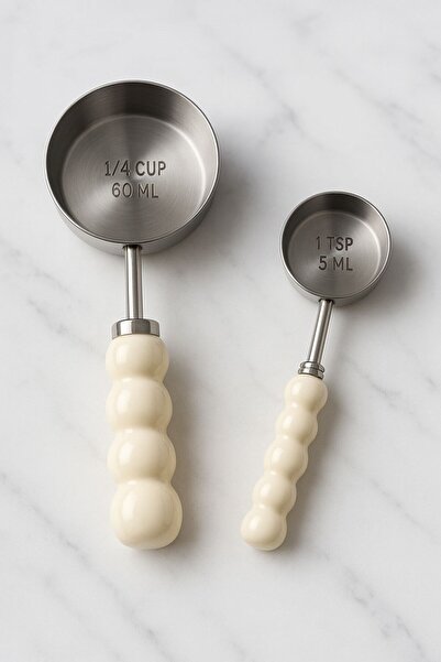 morponi Set of 2 Porcelain Handle White Measuring Spoons Silver 60 Ml-15 ml