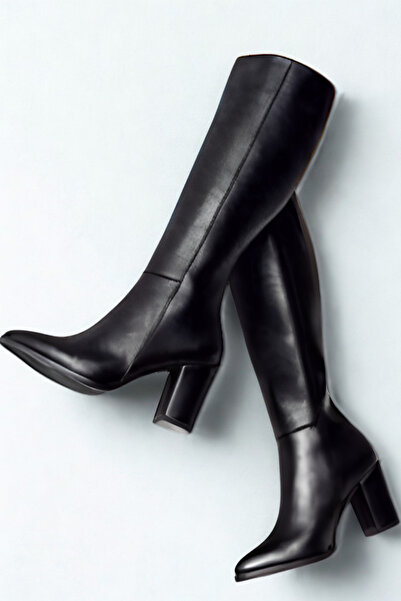 BonuStep Women's Below-The-Knee Side Zipper Boots Black 7 cm Heels Vegan Leather - Casual and Stylish Use