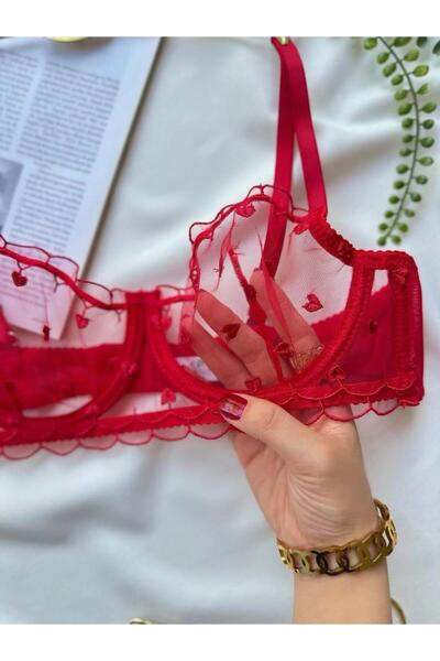 ACTRİS Red Heart Detailed Brode Bra Set New Year Valentine's Day Underwire Cupless Lingerie Set