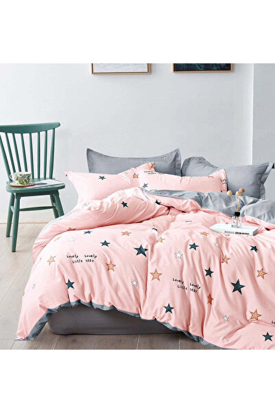 trendyhome Double Bed Linen, Satin Cotton 4 Pieces – Multicolored Stars, Powder Pink
