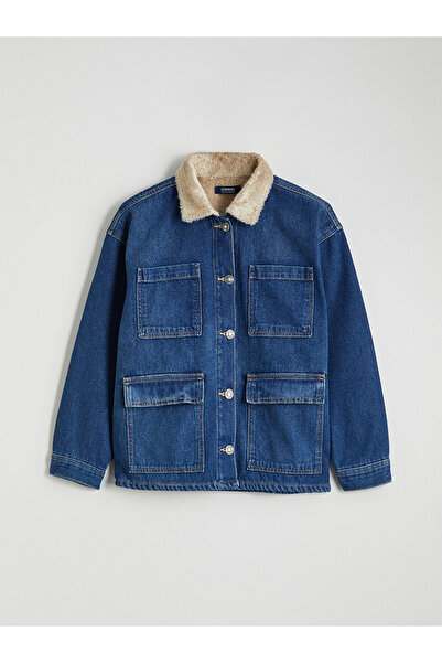 LC Waikiki Lcw Kids Indigo Fur Collar Boys' Jean Jacket