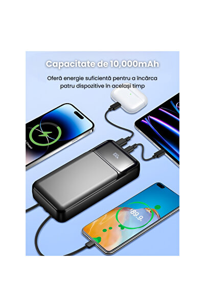 RONIC X External battery 10,000 mAh, RonicX, PD 22.5W, 3 cables USB-C, Lightning, USB-A, 3 ports, Black