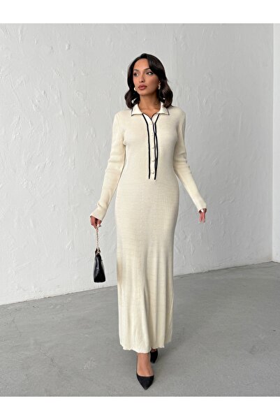 BEJNA Women's Polo Neck Stylish Buttoned Long Dress