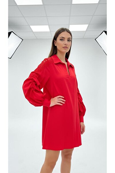 Eight Fashion Women's Lace Detailed Sleeves Pleated Cotton Shirt Collar Dress