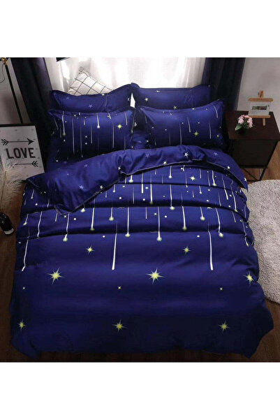 trendyhome Double Bed Linen, Satin Cotton 4 Pieces – Shooting Stars, Blue