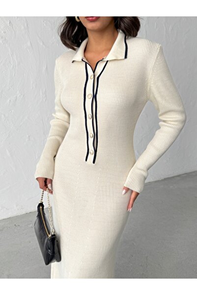 BEJNA Women's Polo Neck Stylish Buttoned Long Dress