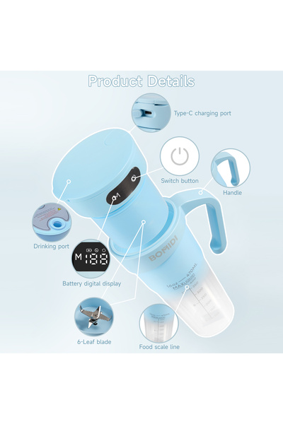 BOMIDI Portable Blender, Smoothie Maker with 6-Leaf Stainless Steel Blade for Home & Outdoor