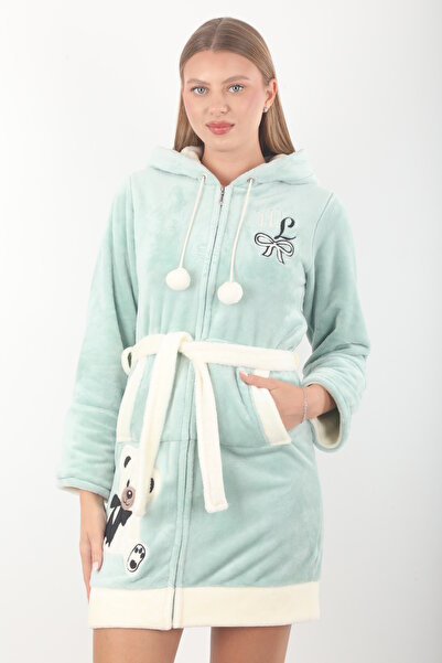 Wild Love Women's Hooded Embroidered Zippered Short Dressing Gown