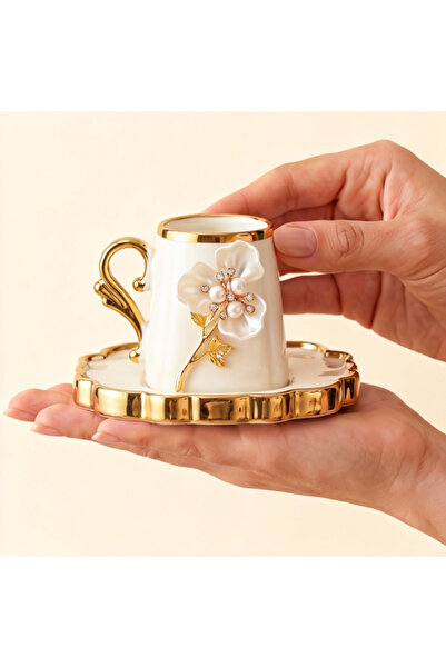 Elta Collection طقم فناجين قهوة ذهبية مصنوعة يدويًا من 6 قطع مع زهور من حجر ا...