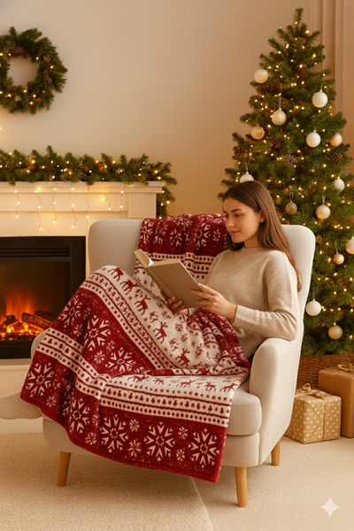 Bonny Home Berfu Velvet Burgundy-Red Christmas Patterned Tv Blanket Single Person Fleece Blanket Sofa Throw