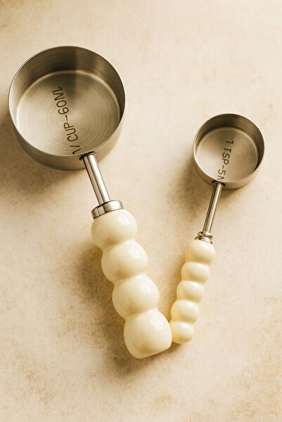 Qerhome Set of 2 Porcelain Handle White Measuring Spoons Silver 60 Ml-15 ml