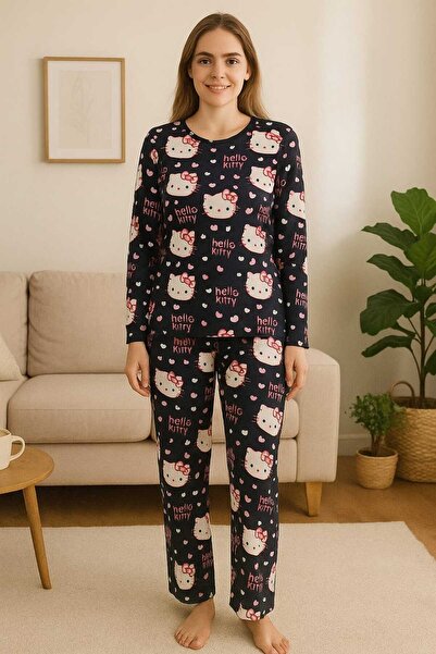 MİSS ADELLA Women's Micro Suede Pocketless Winter Nightwear Comfortable Cut Dark Blue Hello Kitty Patterned Tracksuit Set