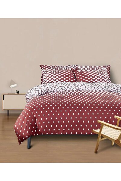 trendyhome Double Bed Linen, Satin Cotton 4 Pieces – Geometric, Burgundy/White A 50-516