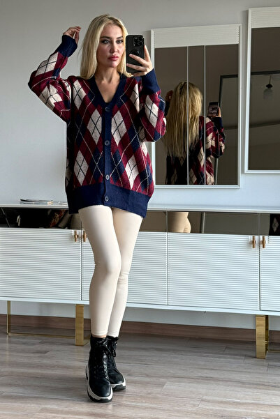 CİDDE Women's Diamond Patterned Fleece-Lined Oversize Knitwear Cardigan Length 72 cm