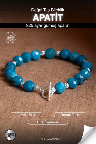 OSMANLI DEĞERLİ TAŞ Sertifikalı Apatit Doğal Taş 925 Ayar Gümüş Aparatlı Bile...