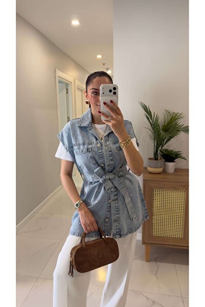 BİRCANÇİL Vestă din denim cu curea cu împânzire de zăpadă Torble