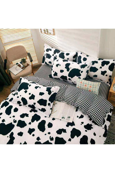 trendyhome Double Bed Linen, Satin Cotton 4 Pieces – Checks/Animal Print, White/Black