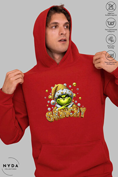 Nyda Collections Unisex Hoodie Long Sleeve Grinchy Printed Hooded Fleece-Lined Oversized Cotton Sweatshirt