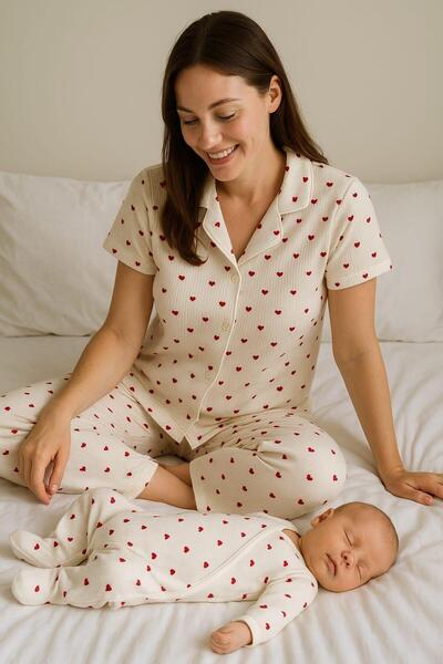 İpek Σετ πιτζάμες μαμάς και μωρού με μοτίβο καρδιάς σε κουτί-Σετ φόρμες για μωρά