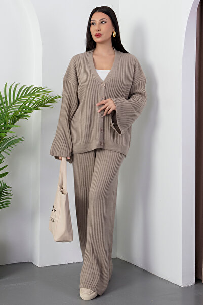 PULLIMM Corded Fabric Button Cardigan Pants Knitwear Set L8004