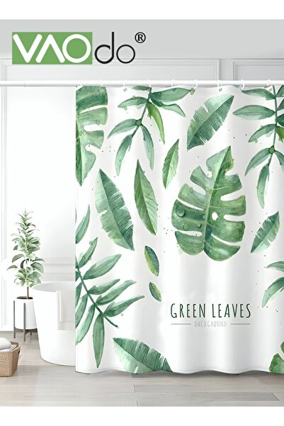 VAODO Polyester Printed Shower Curtain Green Leaf Image Printing Easy to Clean Polyester Material Thickene