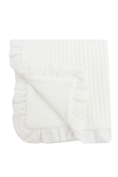 PRICHINDEL Pătură tricotată Anna, cu rever de muselină, cu volane, albă, 100x...