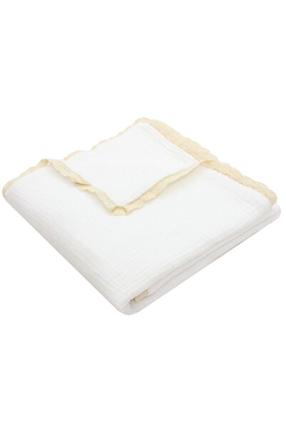 PRICHINDEL Pătură dublă din muselină, Sanzi, cu dantelă, albă, 100x80 cm