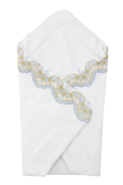 PRICHINDEL Marsupiu botez, pluș, alb cu dantelă albastră, 75 x 40 cm