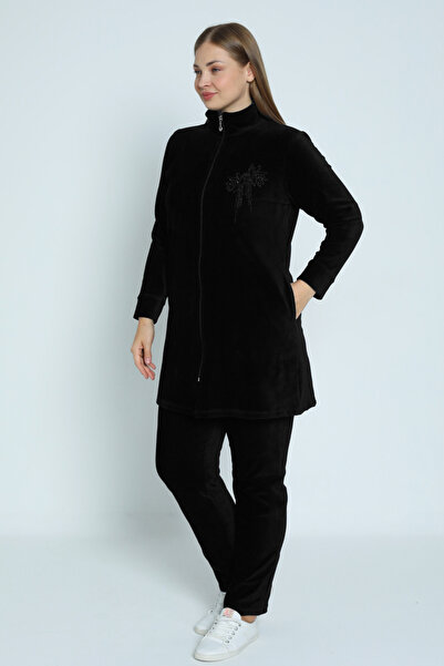 İntensive Women's Black Plus Size Long Sleeve Cotton Stone Detailed Velvet Bottom Top Tracksuit Set