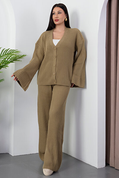PULLIMM Corded Fabric Button Cardigan Pants Knitwear Set L8004