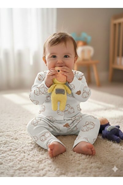 Şimo Butik Baby Romper 0-9 Months Comfortable Breathable Snap Fasteners 100% Pure Cotton Soft Anti-Allergic Bear Pattern