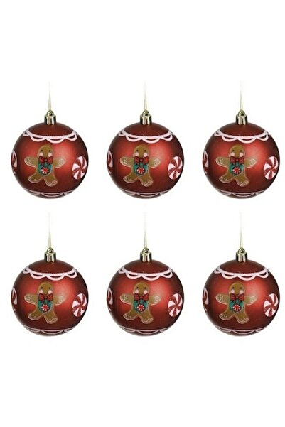AB HOMES Matte Red Christmas Bauble Set with Gingerbread Man, Ø8cm, 6 Pieces