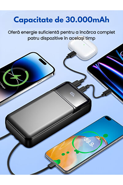 RONIC X External battery 30,000 mAh, RonicX, PD 22.5W, 3 USB-C, Lightning, USB-A cables, 4 ports, Black