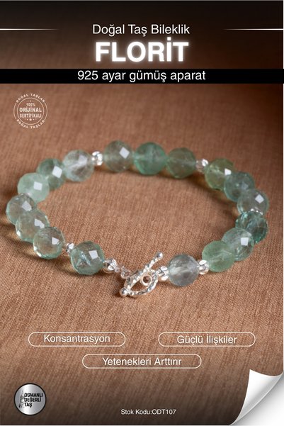 OSMANLI DEĞERLİ TAŞ Sertifikalı Florit Doğal Taş 925 Ayar Gümüş Aparatlı Bileklik ODT107