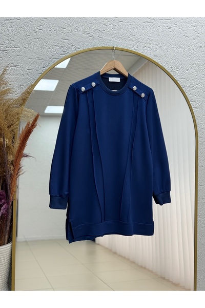 MİHRA STORE فانيا تونيك بأزرار على الكتف حواف أسطوانية - ZN233 أزرق داكن