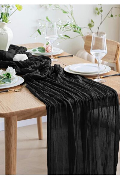 Gülce Home Collection Sofia Tül Runner Masa Örtüsü I Düğün,Nişan,Doğum Günü,Parti,Yılbaşı ve Özel Gün Süslemesi Siyah