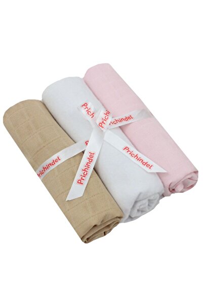 PRICHINDEL Set de 3 scutece, muselină și flanel, bumbac, crem și roz, 75x70cm