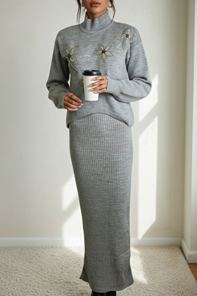 NEWCO Black Corded Fabric Maxi Knitwear Bolero Dress & Stone Patterned Oversized Knitwear Sweater Double Set